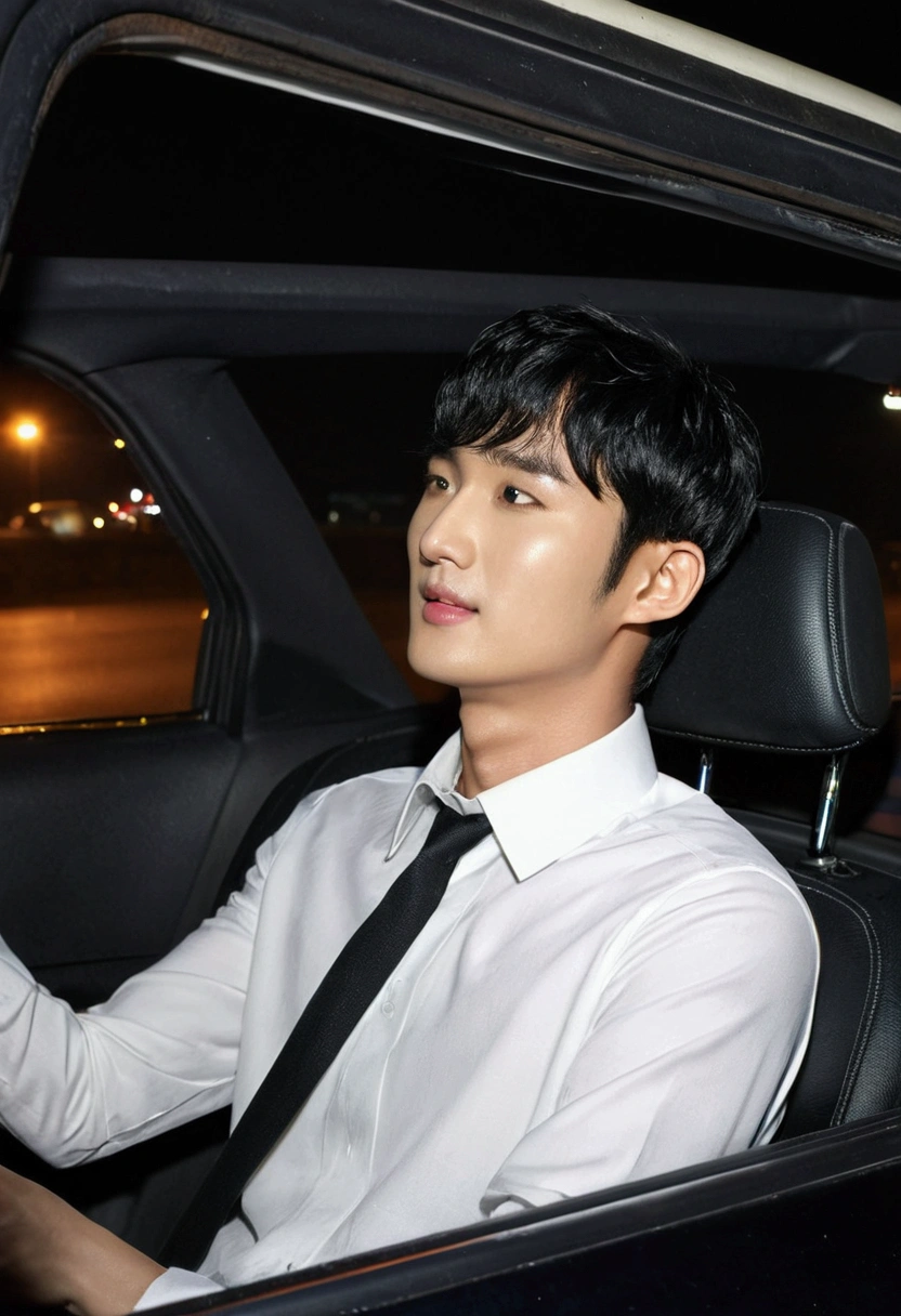 Gender, female, 28 years old, (model, Kim Soo hyun, Korean celebrity), sitting in the passenger seat of a small car, side view, (best quality: 1.2, 8K resolution, high resolution: 1.2), (Asian, Korean, handsome: 1.4), white shirt, short black hair, good-looking, fair skin, formal dress requirements, (on the road at night: 1.4), night, bar, dim lights, abandoned, high-definition 8K image, masterpiece: 1.2, confident smile, beautiful shape,