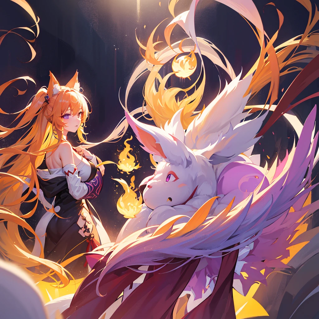 Ahri has striking features. She has long, flowing yellow hair that cascades down her back, complementing her vibrant purple eyes. The most unique aspect of Ahri's appearance is her nine tails, which are a mix of yellow and purple, exuding a soft and warm glow. Her overall look is enchanting and mysterious. Big plan on her.
