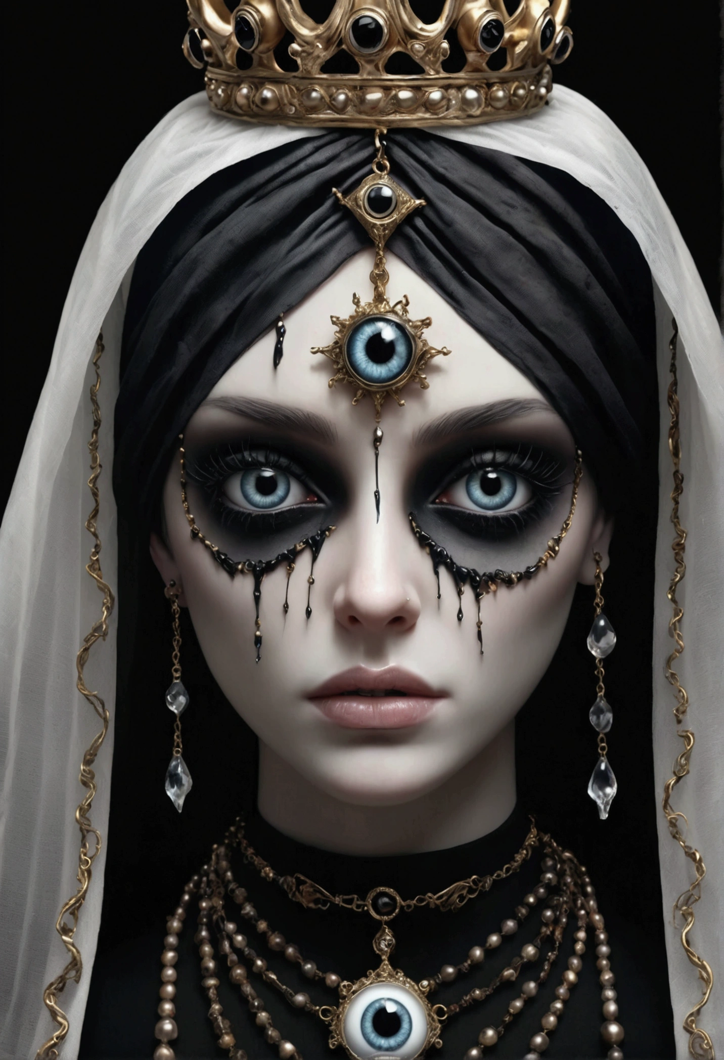 a surreal sculpture of a single eye, tears, skin covered in eyes, eye necklace, eye crown, hyperrealistic eyes, teeth, twisted face, solitary, black background, crown, veil, 3D eye bead necklace, (best quality,4k,8k,highres,masterpiece:1.2),ultra-detailed,(realistic,photorealistic,photo-realistic:1.37),dark,gothic,horror,disturbing,creepy,bizarre,surreal,macabre,unsettling