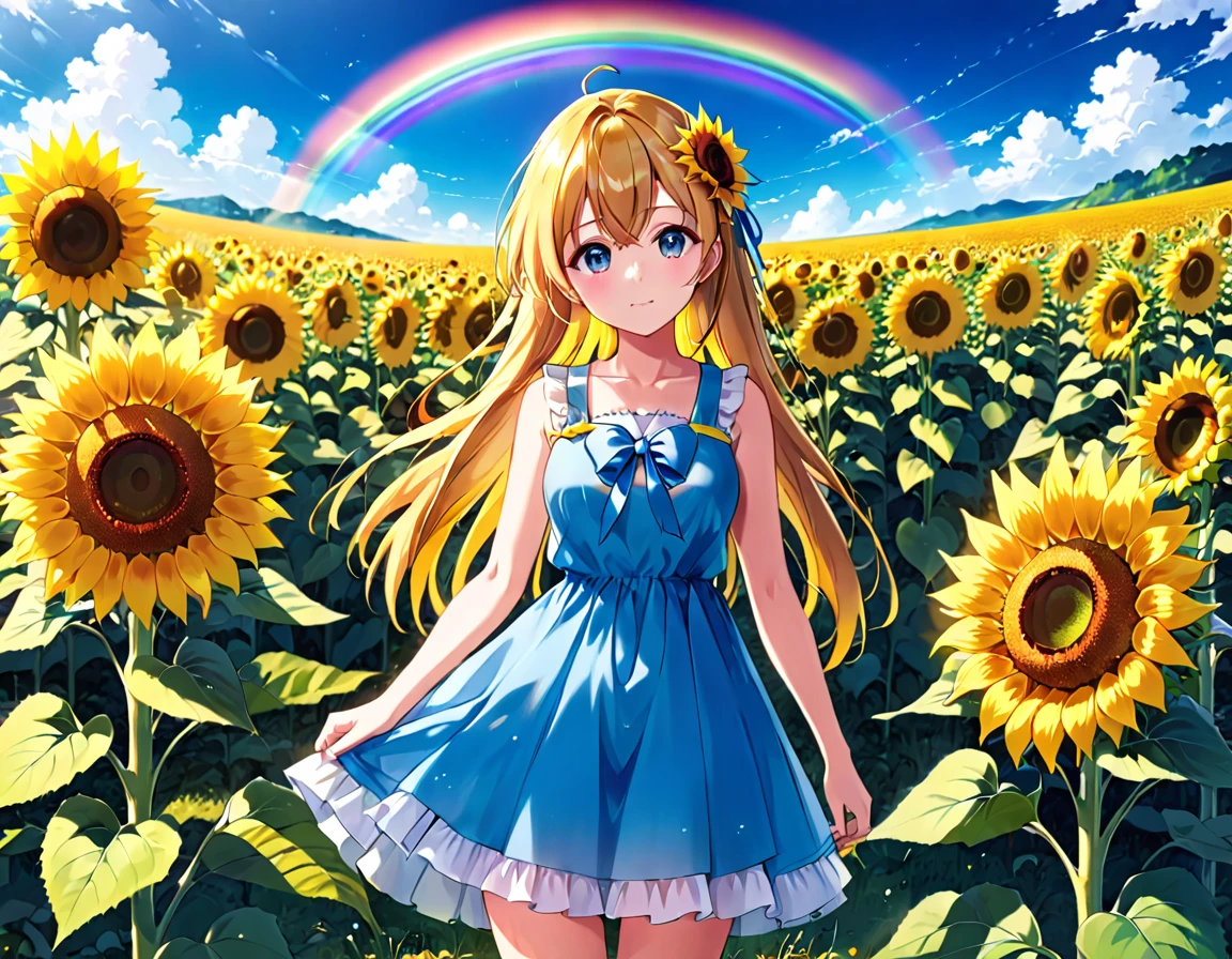 Anime girl in a blue dress standing in a field with a rainbow in the sky, Big vibrant rainbow、Sunflower on one side、4K Manga Wallpapers, Anime Style 4k, Anime Art Wallpapers 8K, anime art wallpaper 4k, anime art wallpaper 4k, Beautiful Anime art style, Beautiful Anime artwork, Cute girl anime visuals, Beautiful Anime girl, Beautiful Anime art, Beautiful Anime, Anime-style illustrations