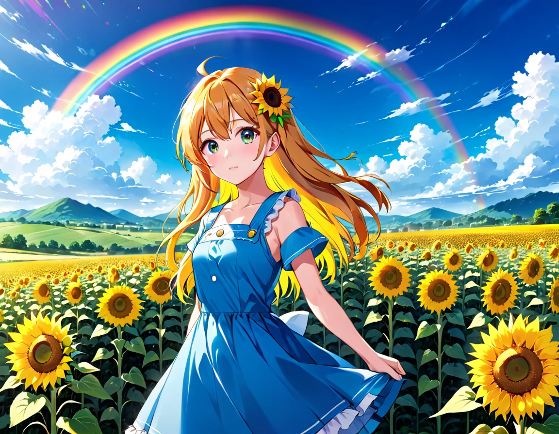Anime girl in a blue dress standing in a field with a rainbow in the sky, Big vibrant rainbow、Sunflower on one side、4K Manga Wallpapers, Anime Style 4k, Anime Art Wallpapers 8K, anime art wallpaper 4k, anime art wallpaper 4k, Beautiful Anime art style, Beautiful Anime artwork, Cute girl anime visuals, Beautiful Anime girl, Beautiful Anime art, Beautiful Anime, Anime-style illustrations