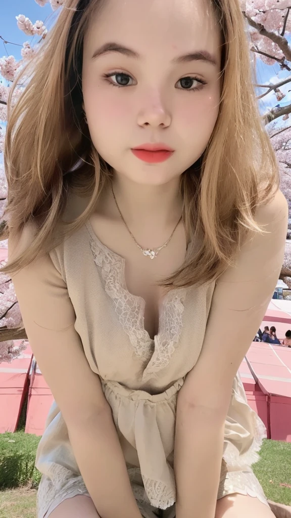 (super highest quality:1.3) (very realistic, Photoreal:1.3), (Realistic and very high quality:1.3), soft light, (brown hair, 1 girl, highly detailed eyes and face, beautifully detailed nose, thin and beautiful eyes, Pure beauty, cute, young, (smaller and flat chest), realistic face, realistic body, beautiful thigh, lace camisole top, mini skirt, full-body porttrait, , sitting, open legs, cherry blossom background