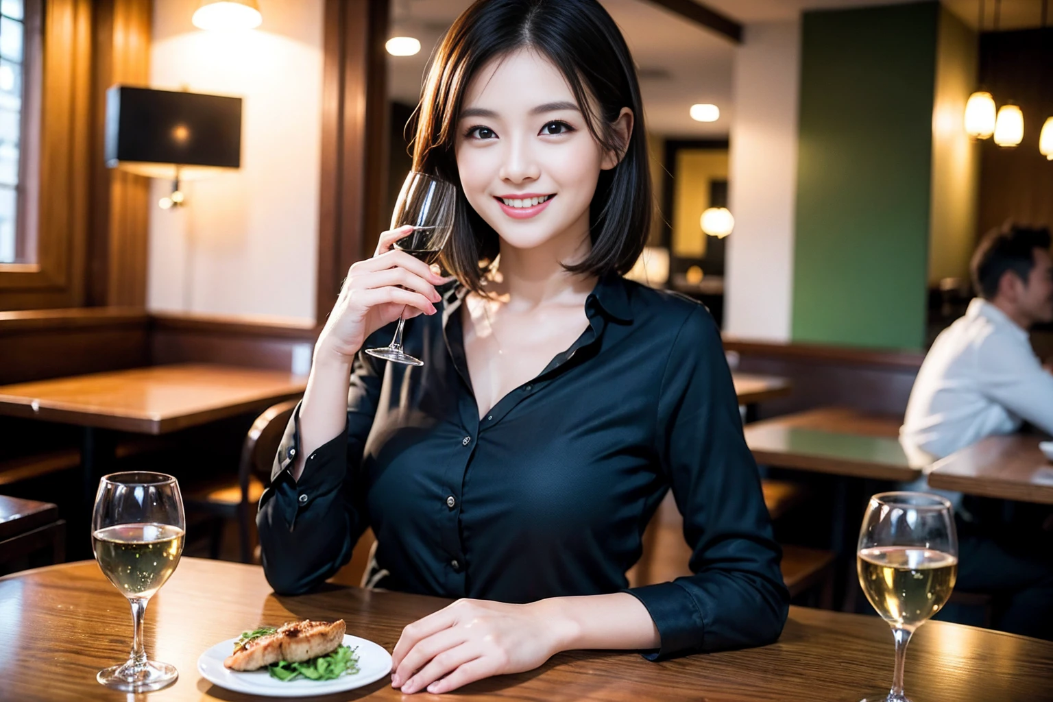 ((Highest quality、8k、masterpiece:1.3))、Shortcuts、cute、slimカップル、modelカップル、actress男優、(Realistic, Intricate details:1.2), full-course dinner、Wine Party、Amazing view of the sunset sky and clouds、A bright smile、short hair,Bright Face、 (Age 45), 42 years old, red wine 、Appetizers、Italian food、Wine bottle、Champagne、sparkling wine、Two beauties、Brown Hair、Shortcuts、Long sleeve shirt、dress、Beautiful woman 1, (slimな顔), (The body is slim), (Brown Hair), (Shortcuts), cheeks turn a little red,Attractive beauty、restaurant, In a prominent place (From the waist up) Nova Frog Style, actress, model, Upper Body, White wine, slim, wine glass, 中央に置かれたwine glass, smile, (smile: 1.15), Beautiful fine grain, Depth f/2,saturation, High Contrast, Strong light and shadow,Moist Body:1.5、3D texture、Delicate eyes、Brown Hair、The hair is very shiny、