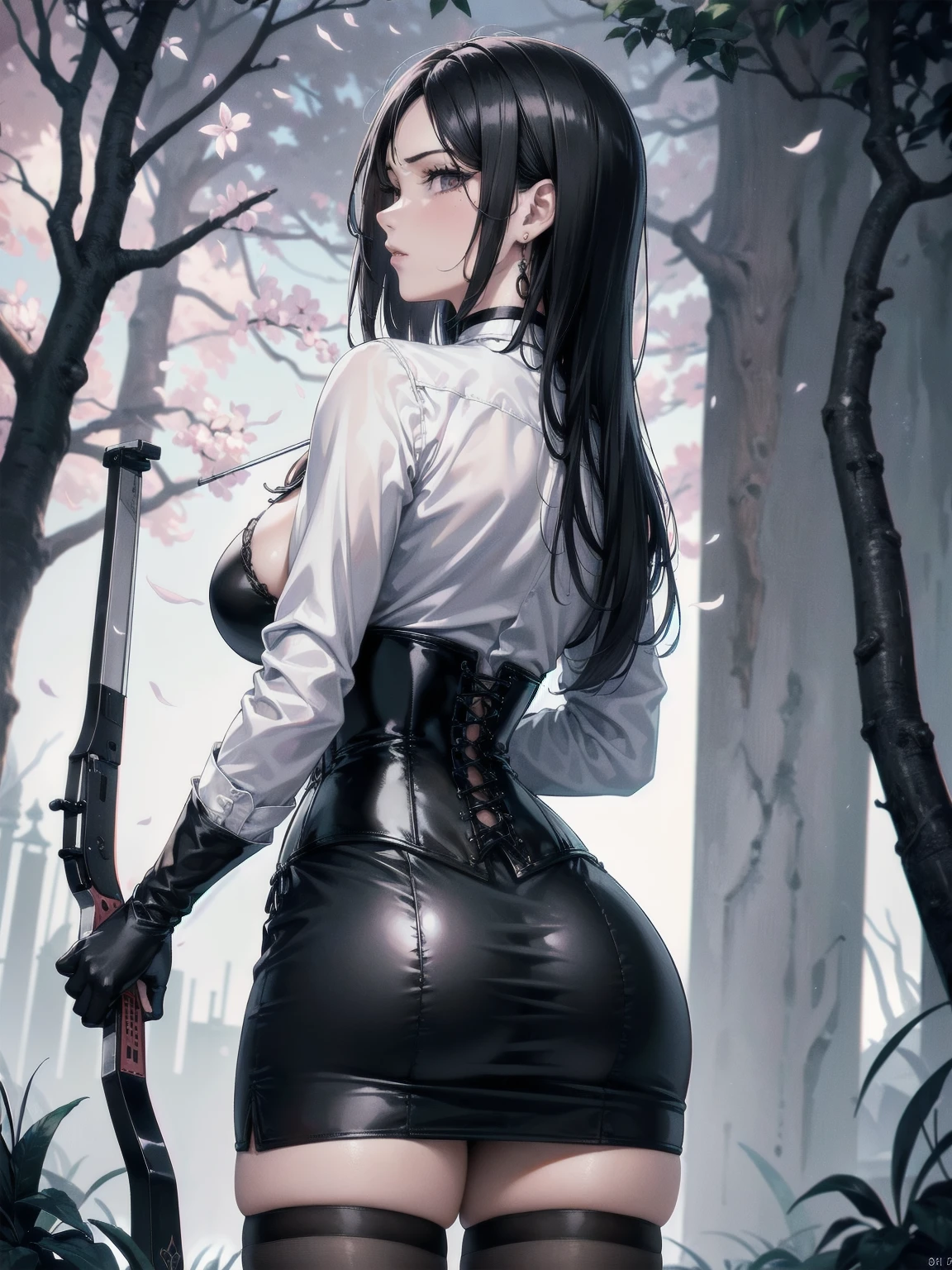 Masterpiece, Superior image quality, high resolution, 4k image,photo and gross, photorealistic, whole body, distant view, 1 young man of 15 years, {{{vagina}}}, view from behind, perfect ass, big breasts, beautiful face, long black hair, black eyes, very detailed eyes, pink cheeks, serious expression, choker:1.6, (white collar button down long sleeve shirt), black gloves, gloves that cover hands, (holding a light crossbow in the right hand), (black leather corset), (shiny black miniskirt), Sensual Lips, show details in the eyes, dark forest path, evening, Atmosphere, fog