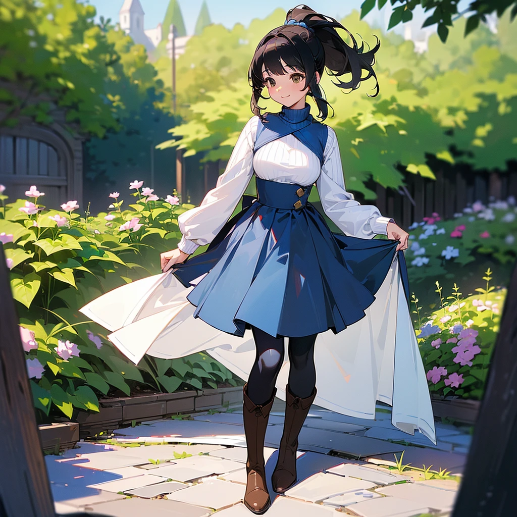(high quality, High resolution, Very detailed, reality:1.37), Peaceful atmosphere, (Outdoor, garden), Teenage girl standing alone, (my breasts are big.), Beautiful details, Cute Smile, (Black hair ponytail), Ribbed sweater, Blue Skirt, Black tights, Brown boots.