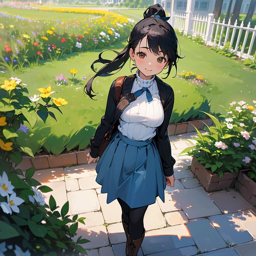 (high quality, High resolution, Very detailed, reality:1.37), Peaceful atmosphere, (Outdoor, garden), Teenage girl standing alone, (my breasts are big.), Beautiful details, Cute Smile, (Black hair ponytail), Ribbed sweater, Blue Skirt, Black tights, Brown boots.