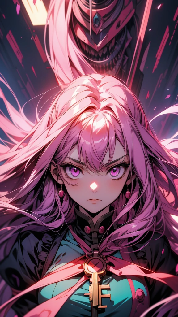 Anime girl with long pink hair and purple eyes looking up, Gwaiz, by Shimo, portrait Gap Moe Yandere Grimdark, artwork in the style of Gwaiz, Detailed Key Anime Art, Gap Moe Yandere Grimdark, Famous Makinami, Half Yamada, Hajime Yatate, Bloodstained