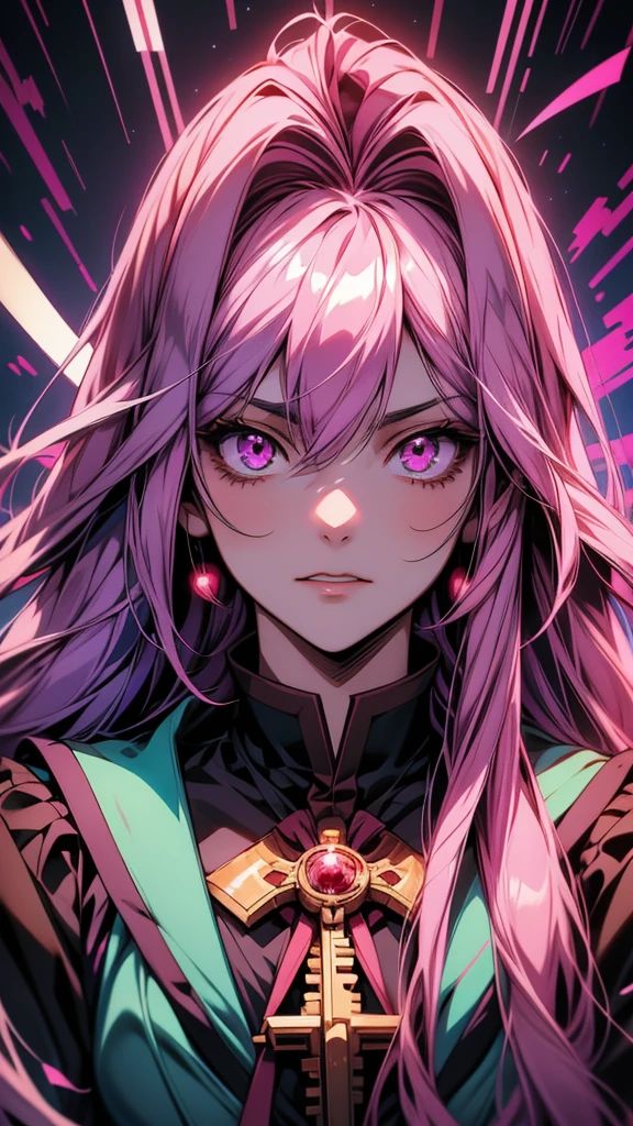 Anime girl with long pink hair and purple eyes looking up, Gwaiz, by Shimo, portrait Gap Moe Yandere Grimdark, artwork in the style of Gwaiz, Detailed Key Anime Art, Gap Moe Yandere Grimdark, Famous Makinami, Half Yamada, Hajime Yatate, Bloodstained