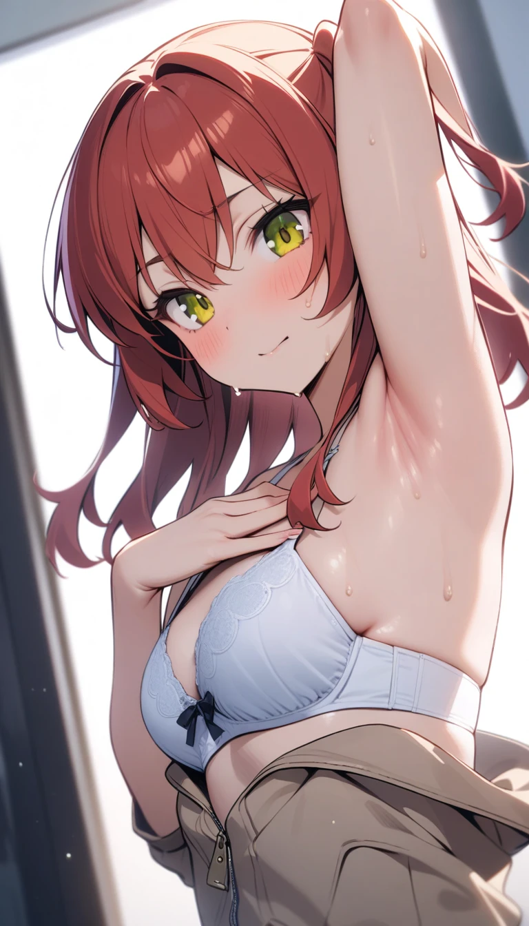 1Girl, nice nature(umamusume), (umamusume), umamusume, shiny skin, sweat, blush, open shirt, bra, panties, looking at viewer, (selfie), masterpiece, best quality, very aesthetic, recent, mid,  