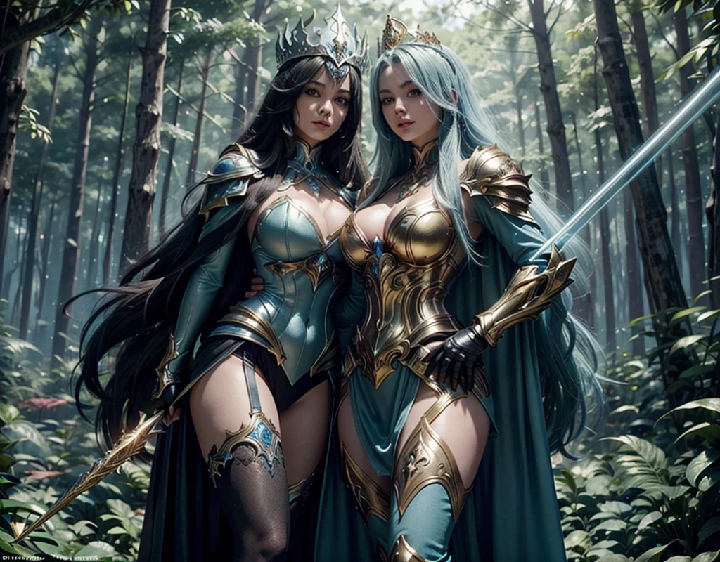 In a pleasant forest, women full body, legs thick, hips. wearing a blue suit of paladin powers, futurist. Armadura templária com detaileds de ouro fino, A goddess with long white hair, ultra detailed eyes, gold Crown, holding a wand with large magic crystal at the tip, shining white crystal, detaileds: 1.2) 4K ultra-HD, slr digital, soft lighting, high qualiy