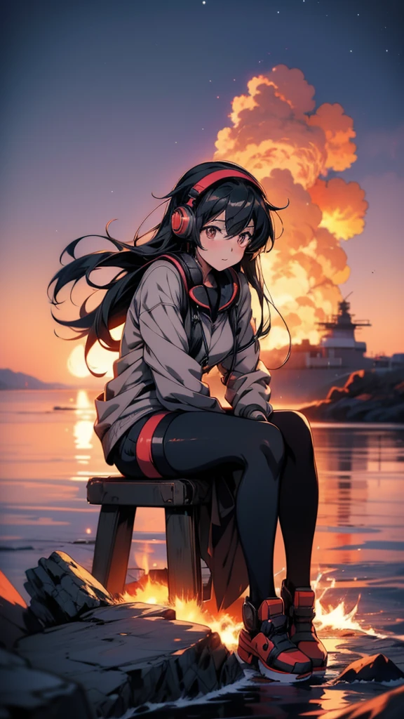 anime girl With headphones sitting on a rock, Burning, With headphones, Nightcore, (anime girl), Another Iwakura, Photo of a-1, Kantai Collection Style, anime moe artstyle, With headphones, inspired Burning, anime girl, anime!!!!!!!!!!!!!!!, anime girl with long hair, an anime girl