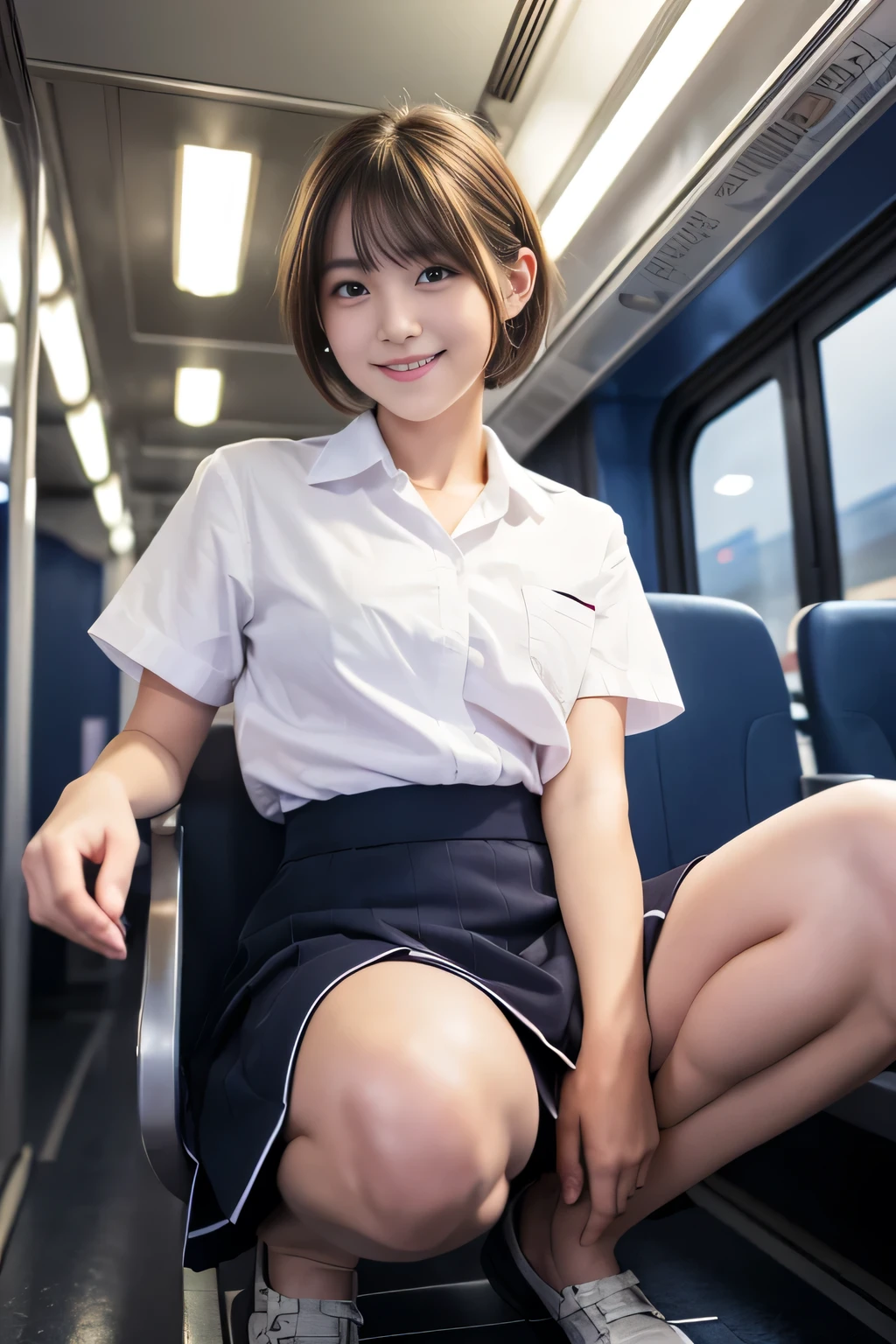 Highest quality, masterpiece, Ultra-high resolution, (reality: 1.4), Original photo, One Girl, mature, White JK Uniform, Buns Hair, short hair, Smile, , Squatting on a train seat,  Cinema Lighting, open legs, skirt lift, futa, small penis