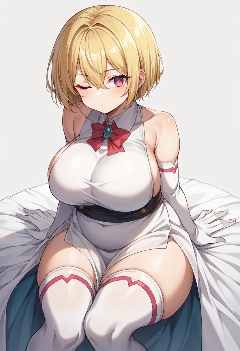 anime female, Big Breasts, elf, Blonde hair, Short hair Under Cut, NFSW, Spread legs,peeing,