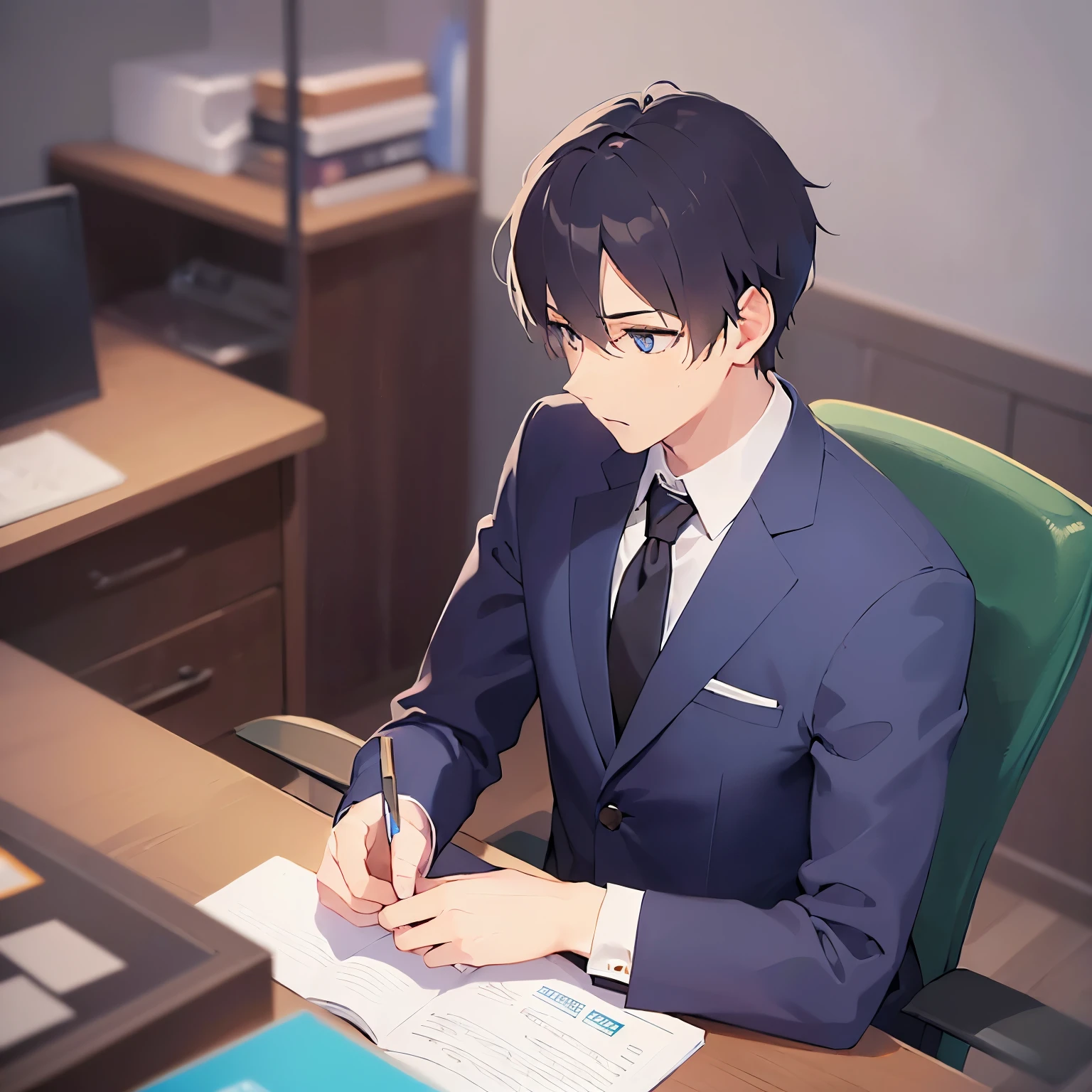(looking away:1.5),upper body、
shiny skin, masterpiece、Highest quality、(25-year-old male:1.5) and (Black short hair) and (blue eyes)
 (Wearing a suit:1.5) and (Blue tie)、
serious、Background is an office room、(Alone:1.5)