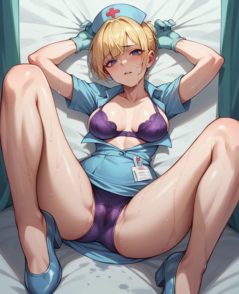 Nurse in blue dress,skin fair, short blonde hair with bangs,showing wet purple bra,wearing a glove,sadistic look,legs spread open