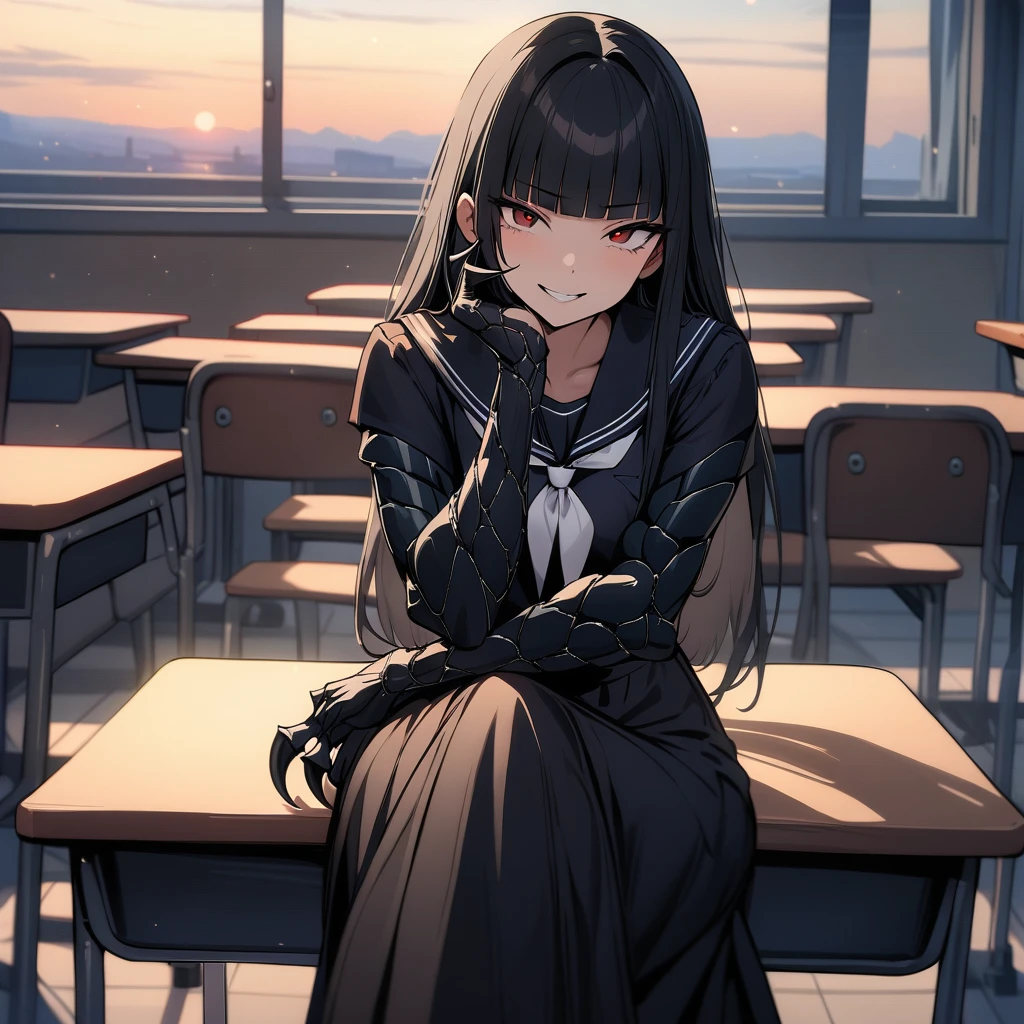 (masterpiece,best quality,very aesthetic),(ultra-detailed),(atlach-nacha,degenerate),1girl,20yo,Statuesque,curvy,tall,long hair, black hair,straight hair,(blunt bangs),beautiful red eyes,smirk,grin,look down on with disdain,black serafuku in winter,long sleeves,(long skirt),white ribbon tie,dusk sky,leather shoes,classroom,(black Claws with arms fused like spider arm:1.3),hand on cheek,crossed legs,sitting on desk,solo,looking at viewer,cowboy shot