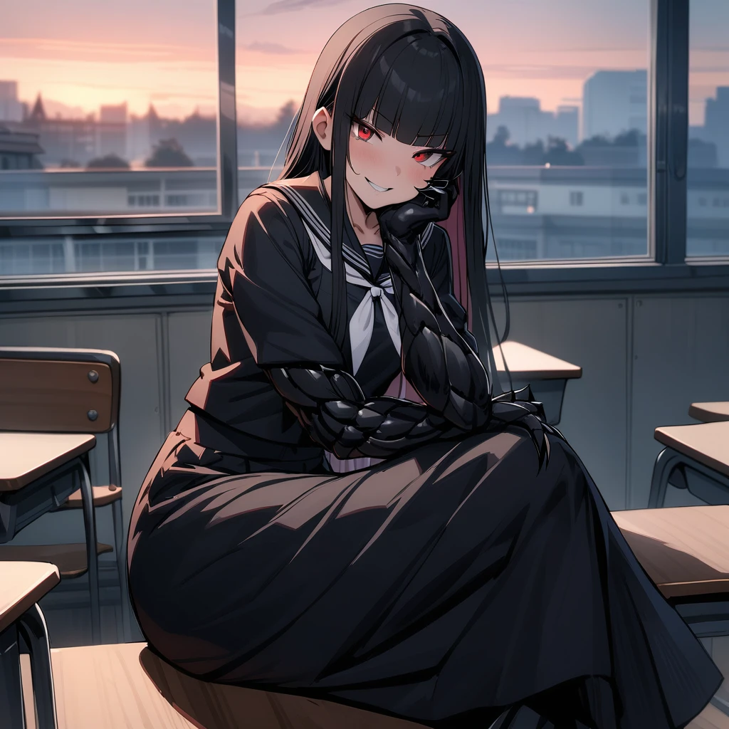 (masterpiece,best quality,very aesthetic),(ultra-detailed),(atlach-nacha,degenerate),1girl,20yo,Statuesque,curvy,tall,long hair, black hair,straight hair,(blunt bangs),beautiful red eyes,smirk,grin,look down on with disdain,black serafuku in winter,long sleeves,(long skirt),white ribbon tie,dusk sky,leather shoes,classroom,(black Claws with arms fused like spider arm:1.3),hand on cheek,crossed legs,sitting on desk,solo,looking at viewer,cowboy shot
