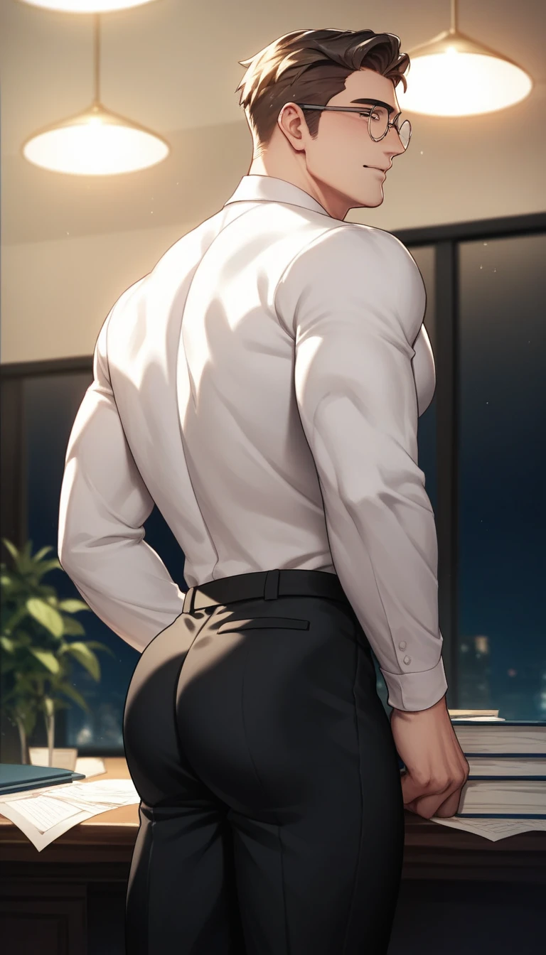 best quality, masterpiece, yaoi, 2boys, handsome young man with medium curtain bangs, short undercut blond hair, cute round face, glasses, black suit, he bends over on a table, his pants is pulled down and another man touches his buttocks, in dimly lit luxurious office, at night, cinematic lighting, dramatic shadows