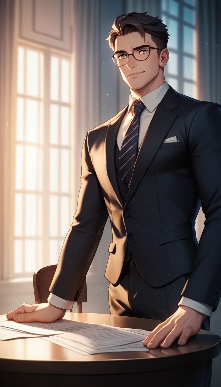 best quality, masterpiece, handsome man with medium curtain bangs, cute round face, glasses, black suit, bends over on table, another man rips his pants open, exposing his big round ass, in dimly lit luxurious office, at night, cinematic lighting, dramatic shadows
