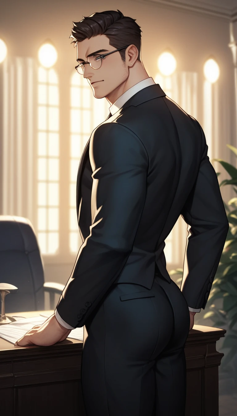 best quality, masterpiece, yaoi, 2boys, handsome young man with medium curtain bangs, short undercut blond hair, cute round face, glasses, black suit, he bends over on a table, his pants is pulled down and another man touches his buttocks, in dimly lit luxurious office, at night, cinematic lighting, dramatic shadows