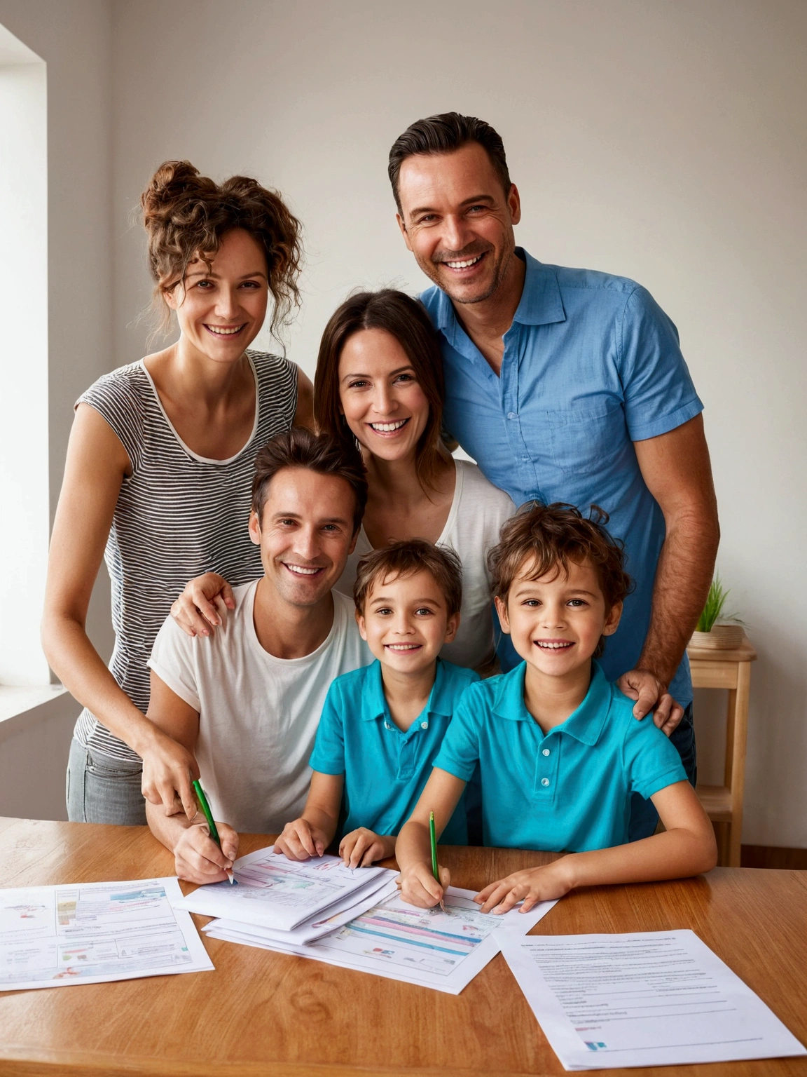 A happy family, made up of father, mother and two small children, is in a bright office. Wear casual clothes. They sign documents on a light wooden table. the father, short hair, and the mother, with hair tied up, are smiling. The children, a boy and a , they look excited. Ao fundo, there is a white wall with colorful pictures. Natural light comes in through the large window, highlighting the joy of the moment when the family buys their first new apartment through the Minha Casa Minha Vida program.