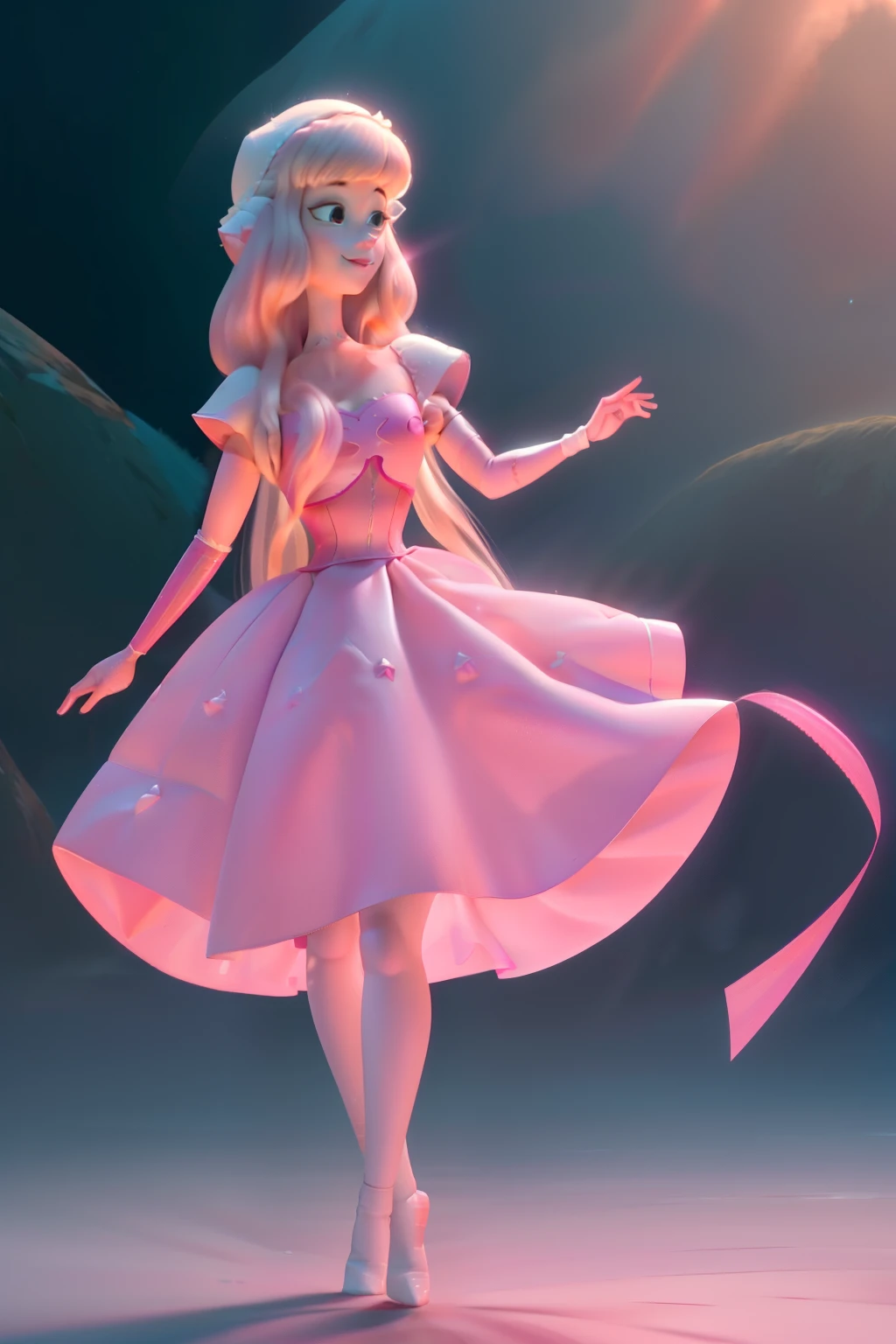 pnkdamond, pink hair, pink eyes, big hair, stomach gem, pink skin, toned,
puffy short sleeves, elbow gloves , white thighhighs, puffy dress,
standing, upper body,
outerspace,
(insanely detailed, beautiful detailed face,beautiful detailed eyes, masterpiece, best quality) cinematic lighting, smile,