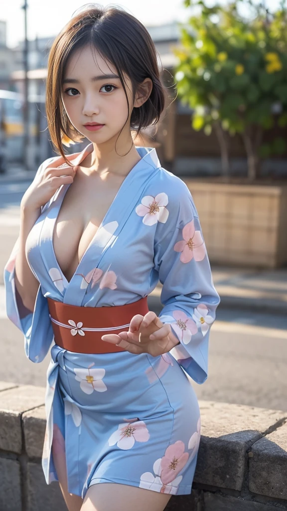 (8k, RAW Photos, Highest quality, masterpiece:1.2), (Long Bob Cut), Looking at the audience, Viewed from the front, ((Sexy pose, 性欲の強いエロチックなhigh school girl:1.2))、Beautiful white skin, knees, Absurd face is small, Part your bangs down the middle, The forehead is visible, Glare, ((Cute angry face with puffed cheeks:1.3, Jealousy)), Ultra-high resolution, One person, One personで, cute, Return to Student, (exterior々Colorful and sexy floral yukata:1.5), high school girl, (:1.5), Japanese women, Are standing, (Photorealistic:1.37), Photon Mapping, Realistic, cute顔が小さい, Brown eyes, prospect, Written boundary depth, Blurred Background, (I can see the bangs), Silky smooth hair, Beautiful thin thighs, Small beautiful butt, Light clothing, thigh, Nogizaka idol, Idol, (Detailed hands:1.1, Beautiful little hands of a girl:1.3), (Small beautiful breasts:1.5, Cleavage), Super quality, Low people, (Clear white skin, Skin with visible pores:1.2), (Focus on the face), Check and correct the garment construction, (Perfect Anatomy:1.3), (Detailed eyes and face:1.2, Professional photography techniques)