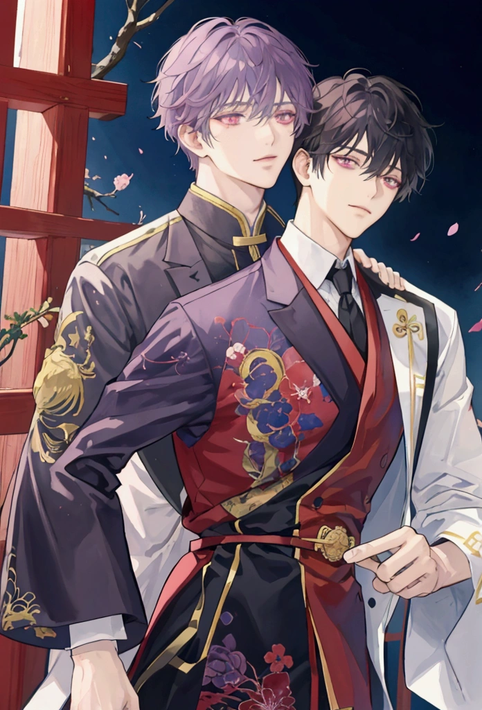 派手な銀髪のTwo men、host、watercolor、Line art only、The one on the right has red eyes、The one on the left has purple eyes、Two men