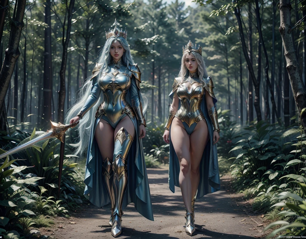 In a pleasant forest, women full body, legs thick, hips. wearing a blue suit of paladin powers, futurist. Armadura templária com detaileds de ouro fino, A goddess with long white hair, ultra detailed eyes, gold Crown, holding a staff with large glowing crystal at the tip of the glowing staff, detaileds: 1.2) 4K Ultra HD, slr digital, soft lighting, high qualiy