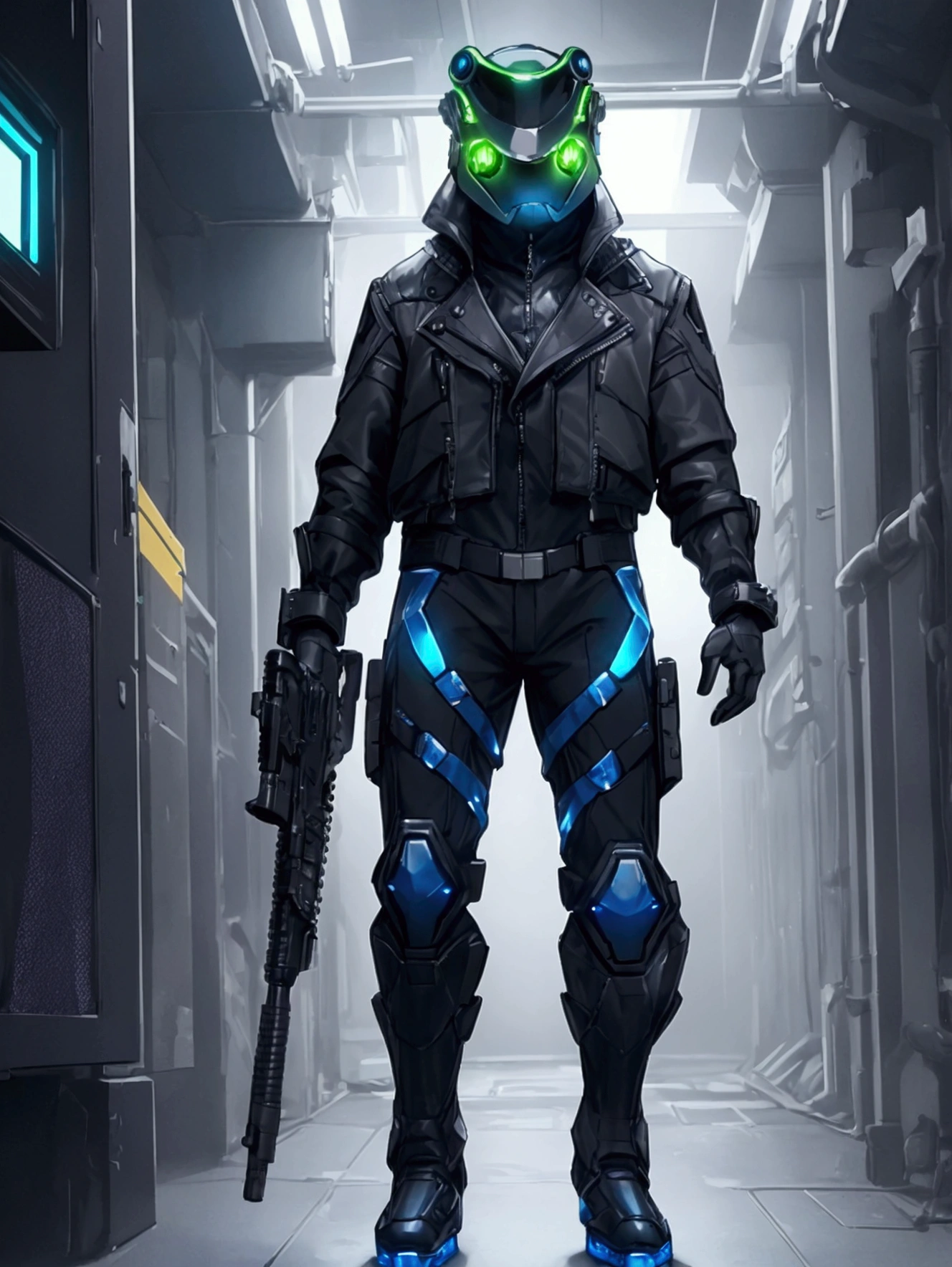 Make character with ledpunk clothing, jacket with led light tubes. 1man, a futuristic-looking male military commander with a fantastic ((square cyberhelmet head with blue lights)), wearing a pair of ((iron grey gloves)) and ((black military boots)), dressed in ((grey FROG suit)), standing in cyberpunk city, holding weapon, holding gun, rifle, handgun, assault rifle, wearing epTactical, face focus, UHD, anatomically correct, best quality, masterpiece, full body panel
