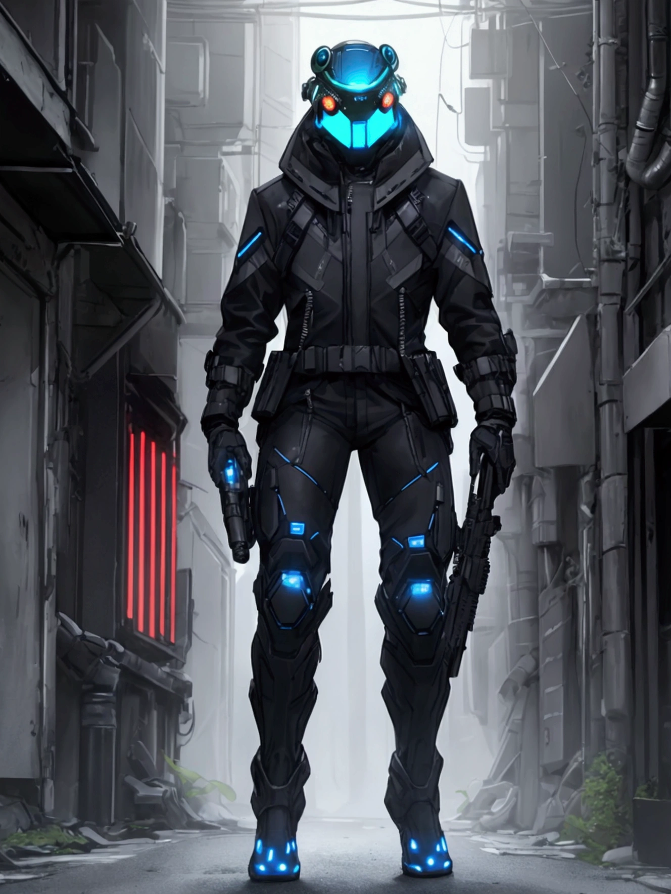 Make character with ledpunk clothing, jacket with led light tubes. 1man, a futuristic-looking male military commander with a fantastic ((square cyberhelmet head with blue lights)), wearing a pair of ((iron grey gloves)) and ((black military boots)), dressed in ((grey FROG suit)), standing in cyberpunk city, holding weapon, holding gun, rifle, handgun, assault rifle, wearing epTactical, face focus, UHD, anatomically correct, best quality, masterpiece, full body panel