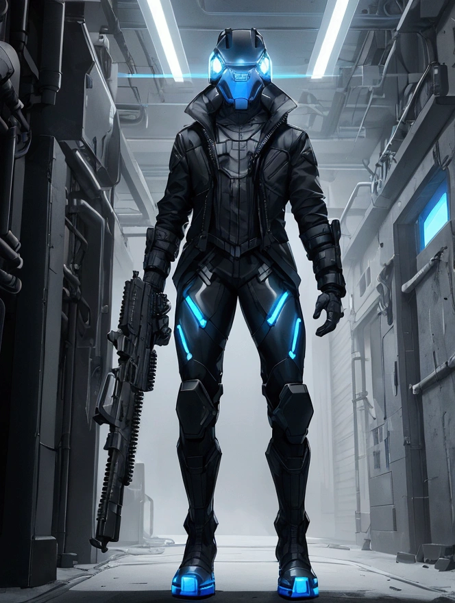Make character with ledpunk clothing, jacket with led light tubes. 1man, a futuristic-looking male military commander with a fantastic ((square cyberhelmet head with blue lights)), wearing a pair of ((iron grey gloves)) and ((black military boots)), dressed in ((grey FROG suit)), standing in cyberpunk city, holding weapon, holding gun, rifle, handgun, assault rifle, wearing epTactical, face focus, UHD, anatomically correct, best quality, masterpiece, full body panel