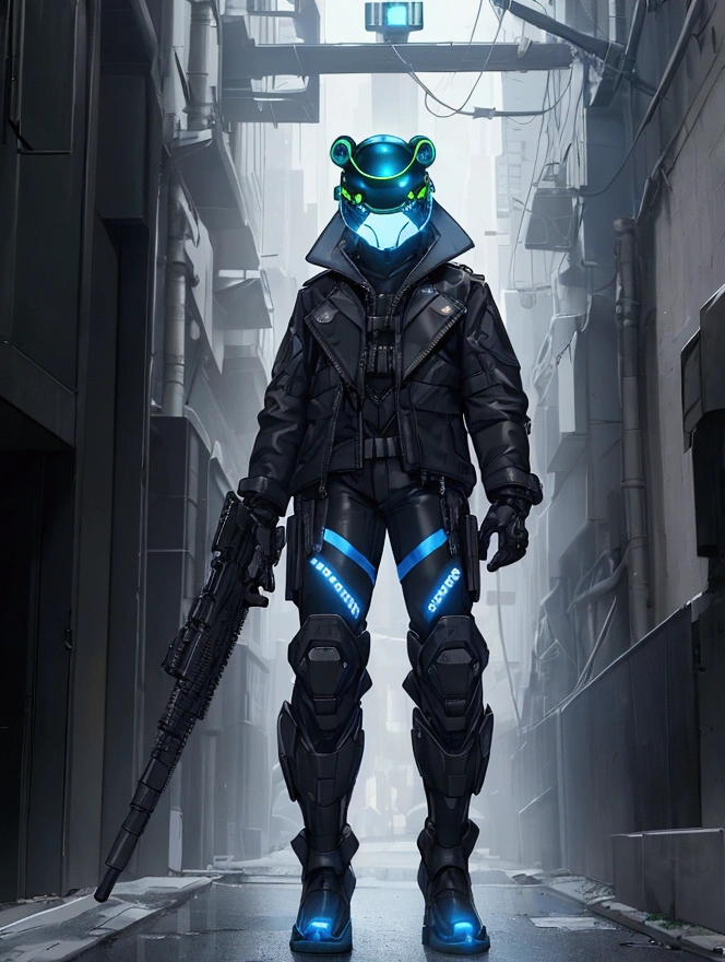 Make character with ledpunk clothing, jacket with led light tubes. 1man, a futuristic-looking male military commander with a fantastic ((square cyberhelmet head with blue lights)), wearing a pair of ((iron grey gloves)) and ((black military boots)), dressed in ((grey FROG suit)), standing in cyberpunk city, holding weapon, holding gun, rifle, handgun, assault rifle, wearing epTactical, face focus, UHD, anatomically correct, best quality, masterpiece, full body panel