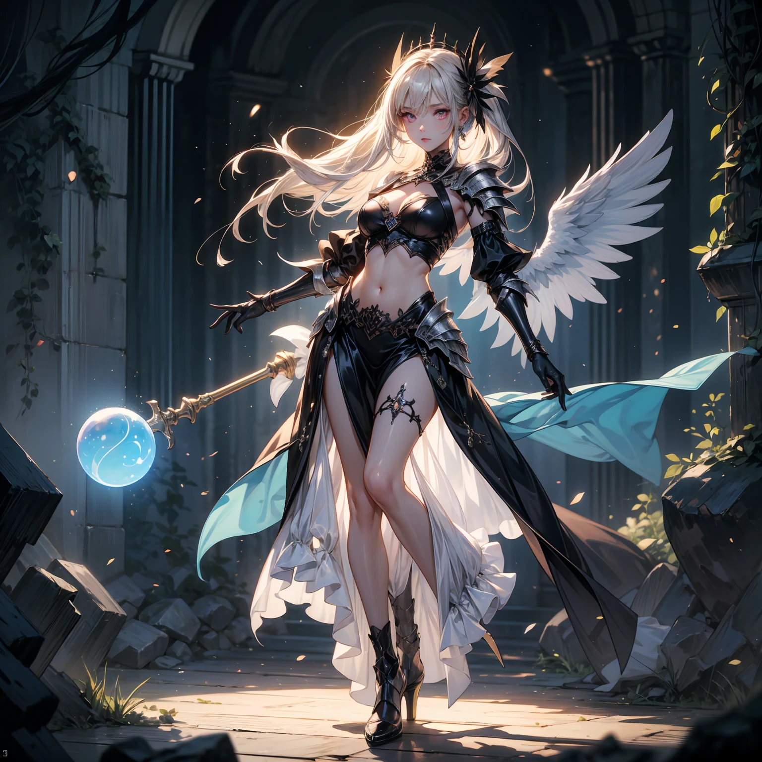 ((full body shot)) of a girl in detailed black gothic battle armor, standing in a completely dark environment. She has long white hair and glowing red eyes, with black angel wings, tattoos, and piercings. Her battle armor is intricately designed, revealing her bellybutton. She is holding a glowing orb of energy in her hands, which emits a soft, ethereal light. Surrounding her are numerous small lights in shades of {blue|purple}, casting a faint glow similar to candlelight. The only illumination comes from the orb and the particles around her. The atmosphere is {mysterious|otherworldly}, with a misty haze drifting around her feet. The ground beneath her is reflective, creating a mirrored effect that adds to the surreal ambiance. Subtle textures of ancient, worn stones and creeping vines can be seen in the background, hinting at a hidden, gothic castle. The scene is quiet and enigmatic, with her face partially obscured by the hood, her eyes focused intently on the luminous orb. She holds an intricately designed staff made of wood with metallic parts and embedded jewels.

[Best quality], [Masterpiece], [Ultra-detailed], [4k], {serene|intense} atmosphere, gothic castle, {dynamic pose|relaxed pose}, complete darkness, {soft shadows|dramatic lighting}, {reflected light on the ground:0.7}, {misty haze:0.6}, {glowing plants:0.5}, {creeping vines:0.4}, {ancient stones:0.3}.