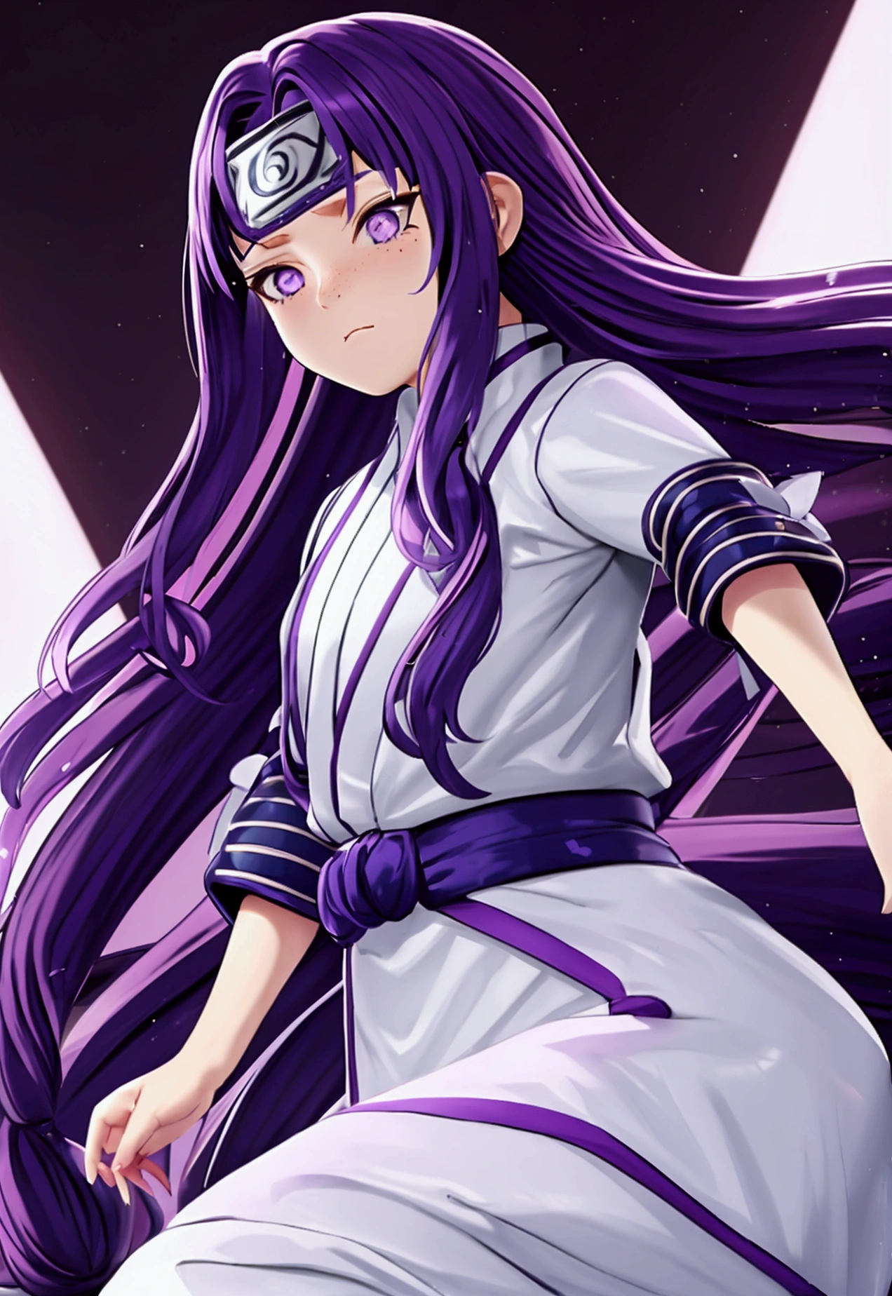 Hikari Hyuga, a 12 year old girl with long hair with curtain fringe, purple hair not very dark but with light, white eyes, dressed as a ninja, elegant yet functional outfit, clear skin, light freckles, wavy hair with naruto style clothes