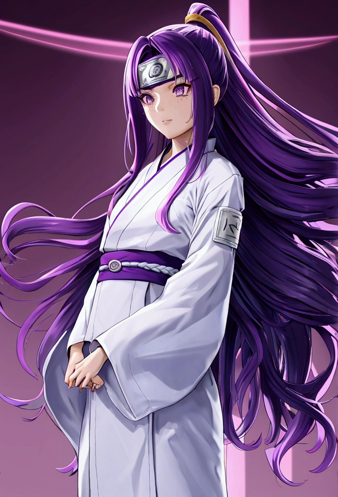 Hikari Hyuga, a 12 year old girl with long hair with curtain fringe, purple hair not very dark but with light, white eyes, dressed as a ninja, elegant yet functional outfit, clear skin, light freckles, wavy hair with naruto style clothes