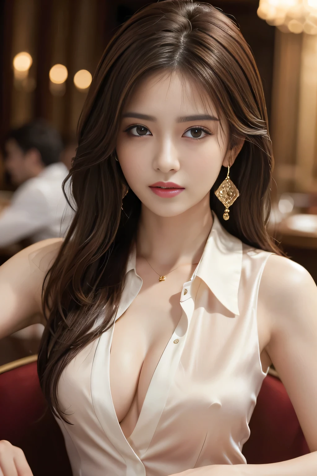masterpiece, Highest quality, Realistic, Very detailed, Finer details, High resolution, 8k wallpaper, One beautiful woman, Wear a silk shirt in a nice color, In a great restaurant, At night, Light brown messy hair, Perfect dynamic composition, Beautiful and beautiful eyes、Big earrings、chest、Sleeveless shirt、