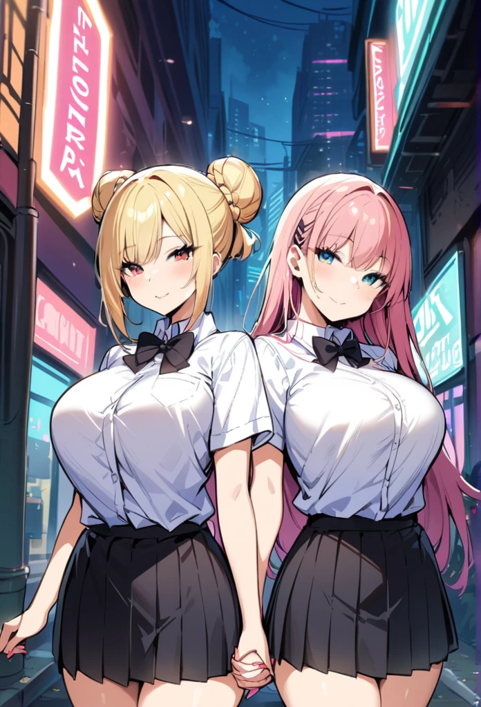 Cyberpunk City, Street, Night, neon light, neon sign, masterpiece, best quality, highres, JK,huge tit,2girls,1boy,a male kid's back, black bow,black bowtie,blonde hair,bow,bowtie,breasts,hair bun,holding hands,interlocked fingers,long hair,looking at viewer,multiple girls,pink hair,pleated skirt,shirt tucked in,short hair,skirt,smile,tented shirt