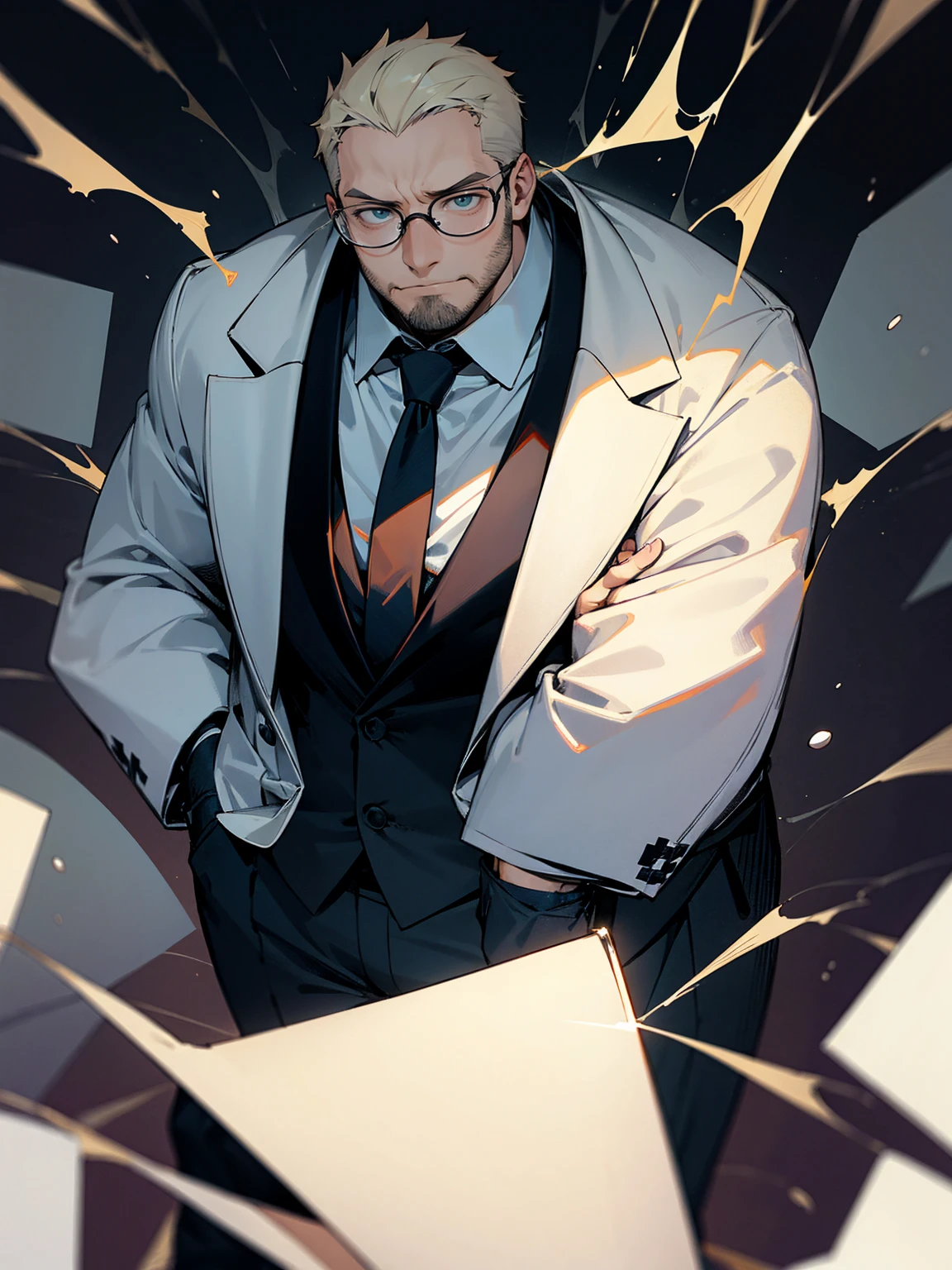 1male, fat, suit, stubble, scared, glasses, dark room