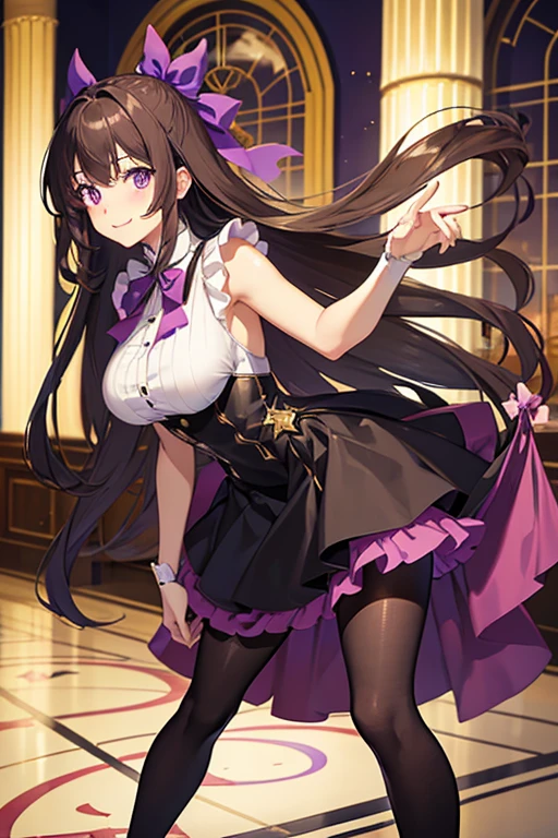 mamako_oosuki, long hair, brown hair, purple eyes, mature female, large breasts, bright pupils, ribbon, black dress, (grey pantyhose:1.1), casino, smile, high heels, royal, skirt lift, reflective floor, leaning forward, closed mouth, masterpiece, best quality, highres