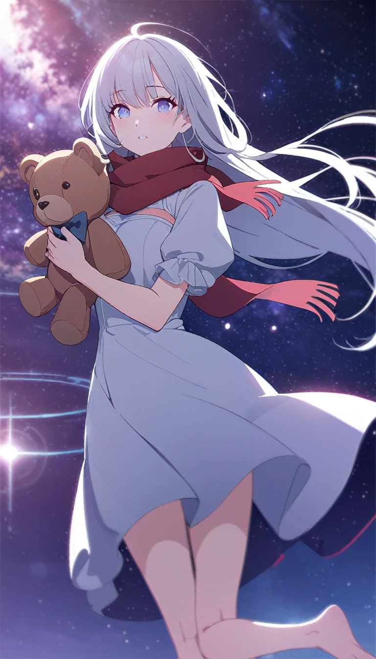 (((masterpiece))), (((best quality))),(((high detail))),light manipulation, girl with long silver hair, gradient purple to sky blue eyes, wearing a white dress, a red scarf, galaxy background, holding a teddy bear, feet, no footwear