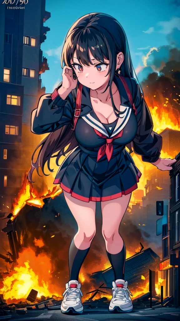 ((giantess)) ((giant girl)) ((Girl in an aggressive pose)) ((Destroyed city)) ((Burning)) ((Fire)) ((explosion)) ((Black smoke)) ((Pile of rubble)) Masterpiece Unreal Engine Anime style Delicate drawing 4k 90's Giant Multiple girls Crowd School building City Giant high school girl standing in the valley of the school building Sailor suit Skirt Black hair Smile Female giant giant girl Whole body Destroyed skyscrapers Destroyed cars Crowd Unreal Engine, cleavage, a drawing of a , earrings, long hair, 1980s (style) Cute drawing, beautiful woman, analog style, whole body, sneakers