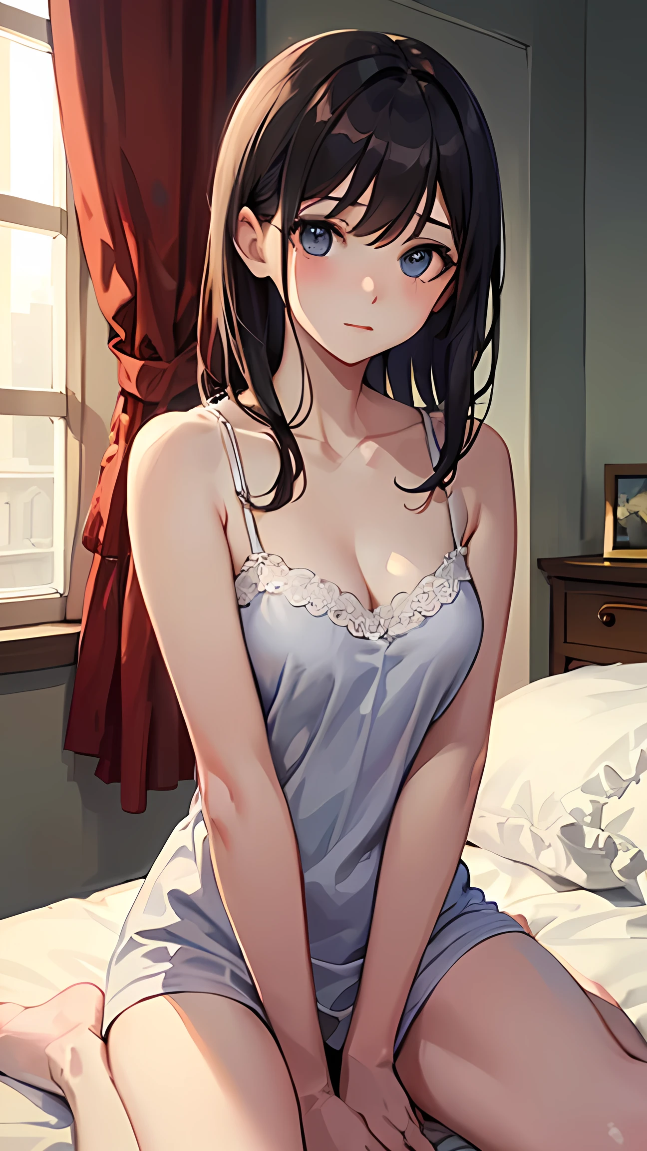 (masterpiece, best quality:1.3), 1 girl, solo, teenager,(top quality eyes:1.3),18 year old girl、Camisole、bed、Sitting、My Room、Changing clothes、Not looking at the camera、Normal size breasts