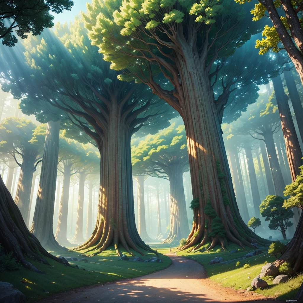mysteriousな超巨大なトンネルの中に森がある,Super giant ginkgo tree,Tree of Life,Giant Tree Forest,There is a huge tree,Different world,new world,universe,There is a road in the middle of the forest,Different world,The sunlight from the sun shines on the earth,Colorful,Best Quality,8k,mysteriouultidimensional,High Dimension,Fantasy,Different space,There are many different creatures,Nature,romantic,A world beyond imagination,Dream world,universe,Huge river,masterpiece,最高masterpiece,perfection,