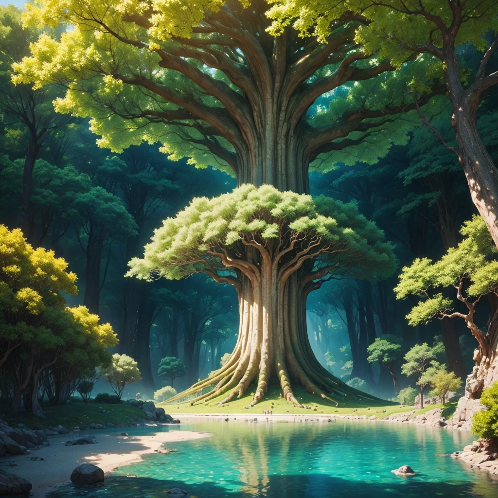 mysteriousな超巨大なトンネルの中に森がある,Super giant ginkgo tree,Tree of Life,Giant Tree Forest,There is a huge tree,Different world,new world,universe,There is a road in the middle of the forest,Different world,The sunlight from the sun shines on the earth,Colorful,Best Quality,8k,mysteriouultidimensional,High Dimension,Fantasy,Different space,There are many different creatures,Nature,romantic,A world beyond imagination,Dream world,universe,Huge river,masterpiece,最高masterpiece,perfection,