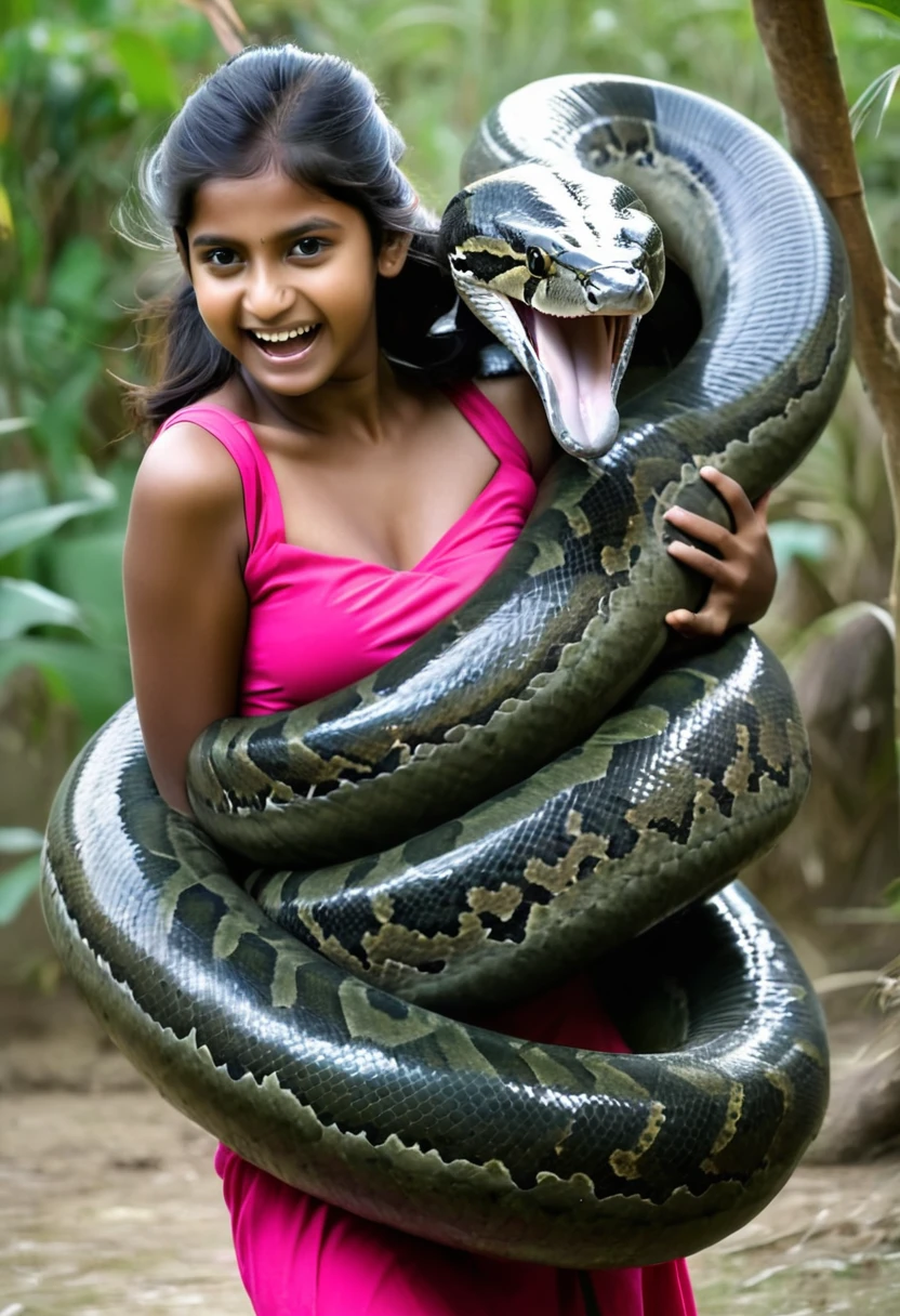 Happy Horny, aroused 1girl), beautiful Indian young girl with giant colossal Kaa monster squeezing her hard, wrapped in thick spiraling coils, constricted, struggle, gasping for air, snake attack, snake peril,