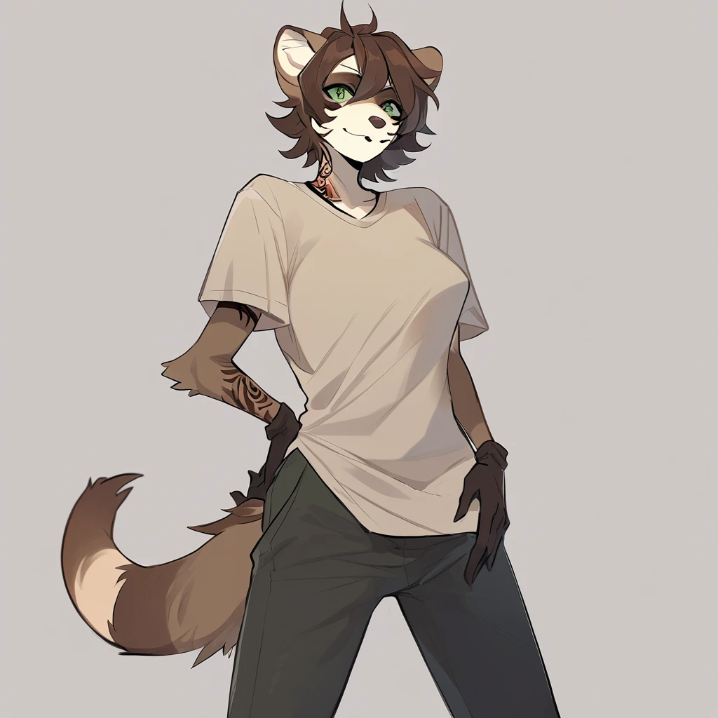 ferret girl monster tan fur with brown stripes brown short hair brown rectangular face tattoos dark green eyes long pointed brown ears with a brown fluffy tip tail with brown stripes wearing a baggy shirt, trousers and short brown gloves
