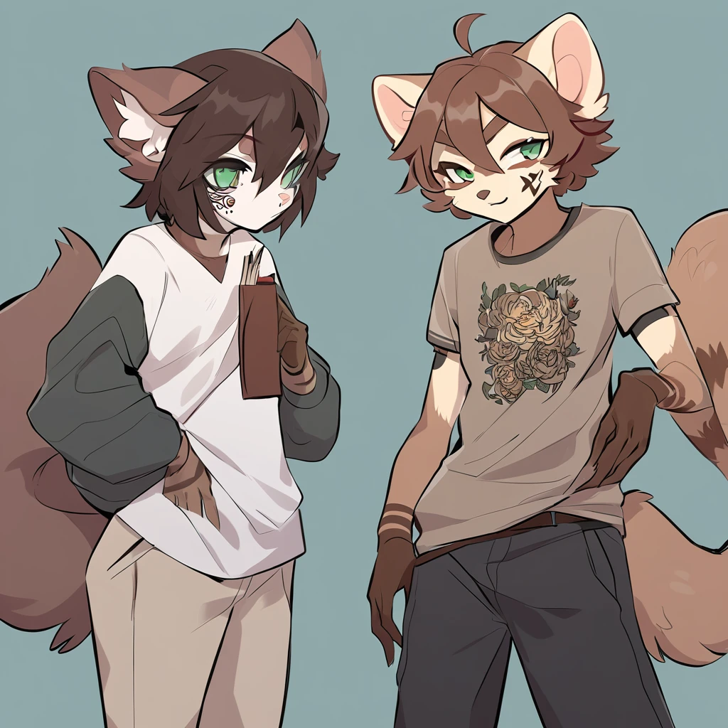 ferret girl monster tan fur with brown stripes brown short hair brown rectangular face tattoos dark green eyes long pointed brown ears with a brown fluffy tip tail with brown stripes wearing a baggy shirt, trousers and short brown gloves
