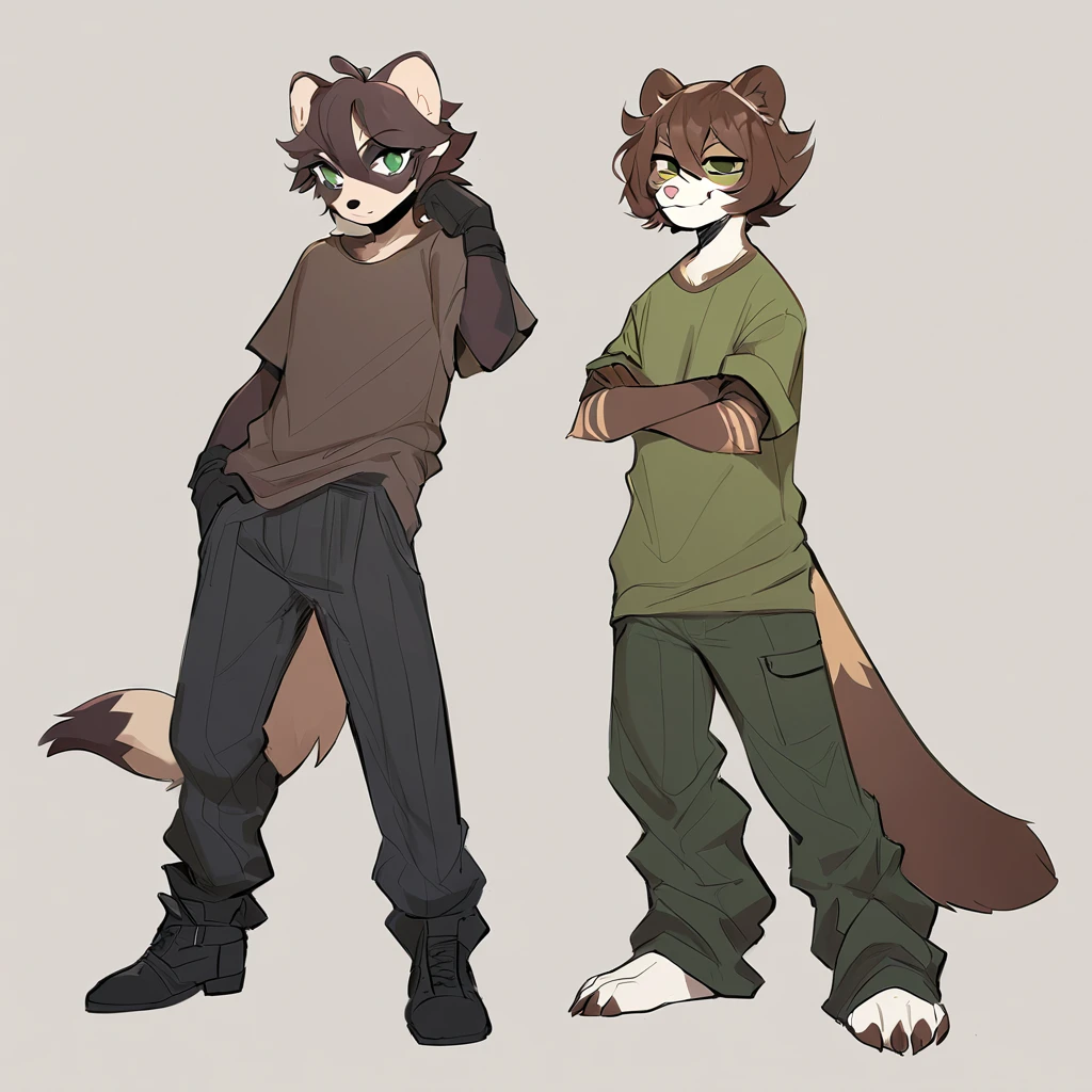 ferret girl monster tan fur with brown stripes brown short hair brown rectangular face tattoos dark green eyes long pointed brown ears with a brown fluffy tip tail with brown stripes wearing a baggy shirt, trousers and short brown gloves