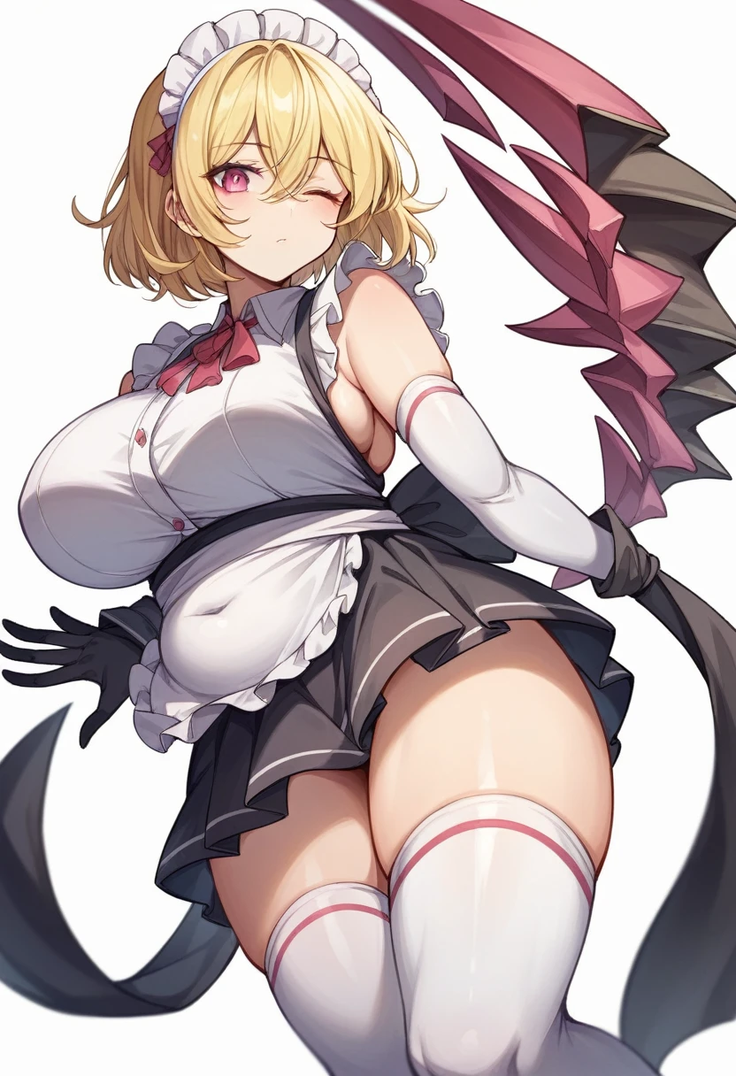 (One girl)、(bob cut)、(sidelock)、((Blonde))、（Sato Air）、(slan eyes)、（boyish）、cute、(Big super breasts)、Chubby、Maid、No sleeve、mini skirt、White sleeveless、thigh-high socks thighhighs、(long gloves)、hairs between eyes、(coarse hair)、[flipped hair]、pink eye、expressionless、one eye closed、arm behind back、White Background